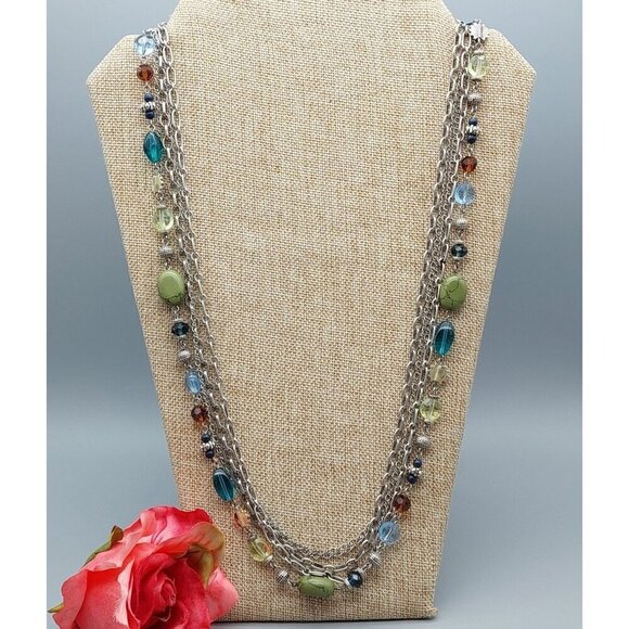 Premier Designs Silver Tone Multi Strand Chain Necklace Colorful Bead Stations - Picture 3 of 13
